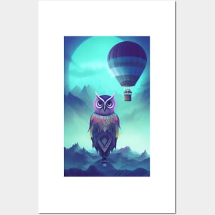 Blue Hot Air Balloon & Owl Posters and Art